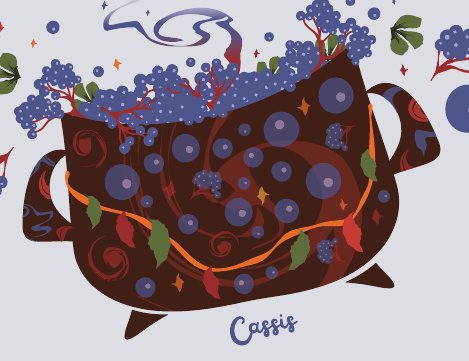 Étiquette Cassis : chaudron couvert de grappes de cassis