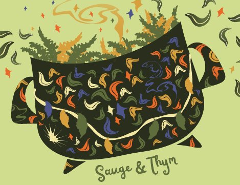 Étiquette Sauge et thym : chaudron garni d'herbes